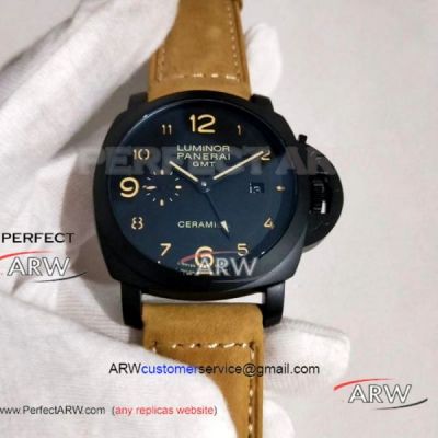 Perfect Replica Panerai Luminor GMT 44MM Watch - PAM00441 Black Steel Case And Dial Brown Leather Strap